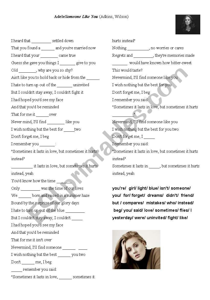 Music Adele Someone like you worksheet