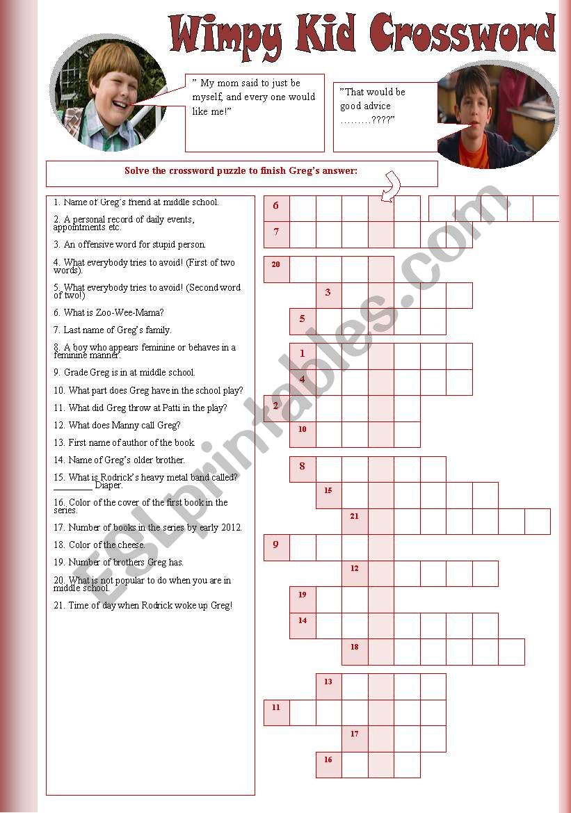 Wimpy Kid Crossword worksheet