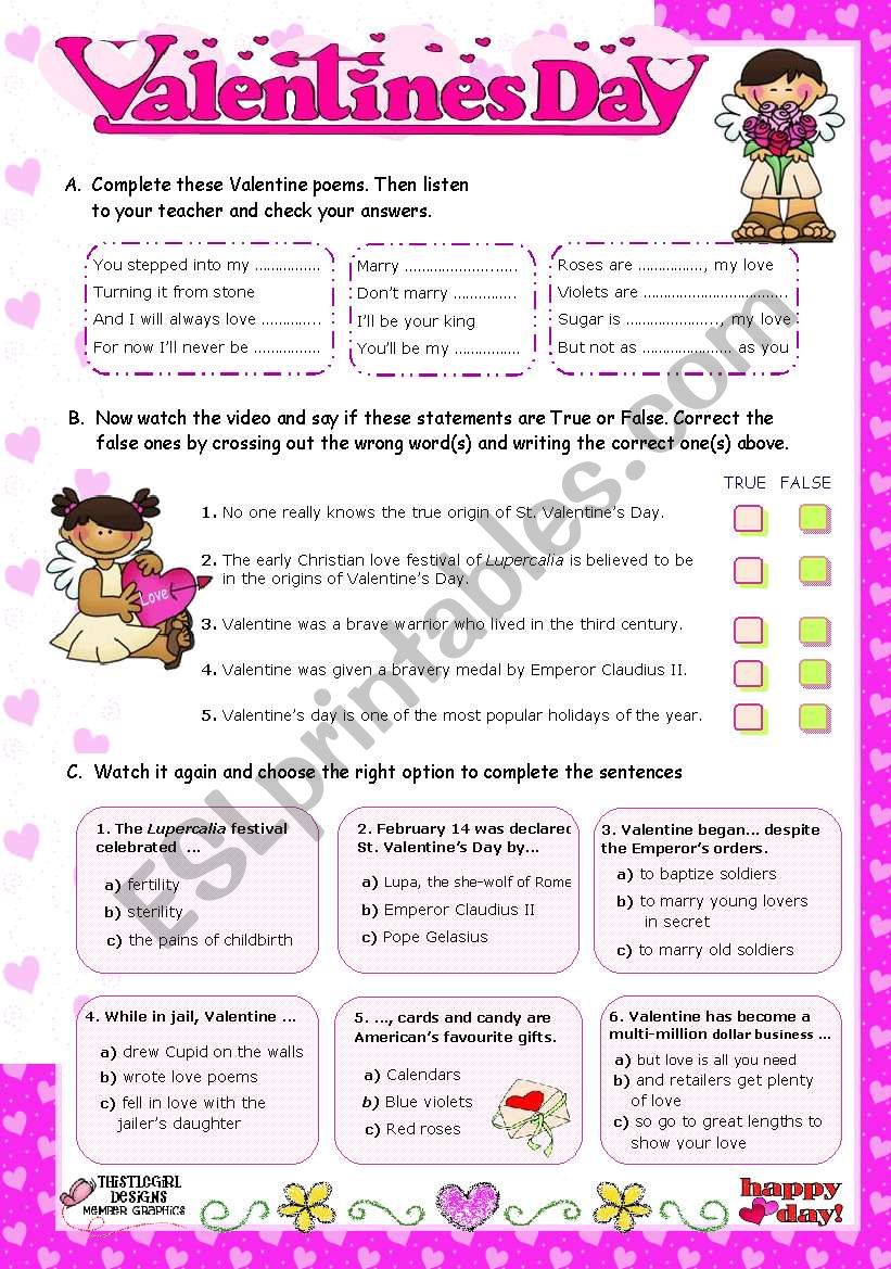 ValentineÂ´s Day  -   Listening activities  (video from youtube)