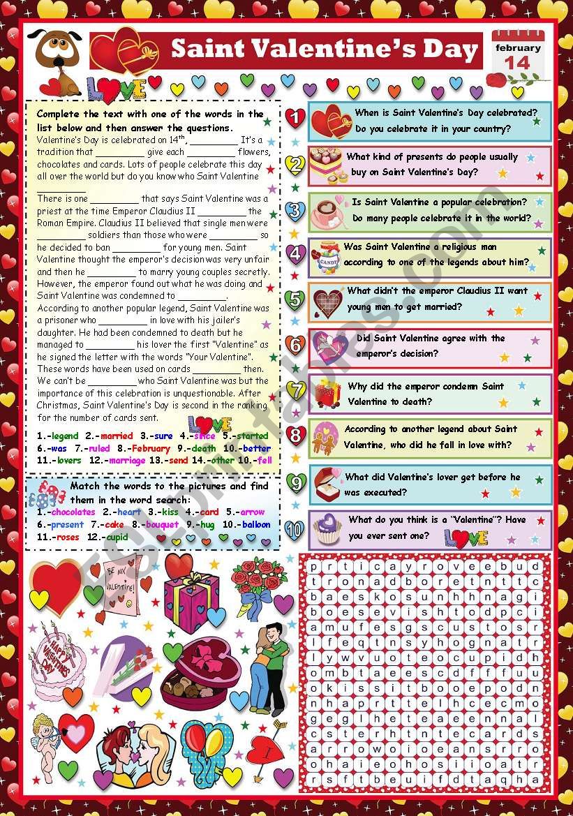 SAINT VALENTINE-READING AND COMPREHENSION+WORDSEARCH