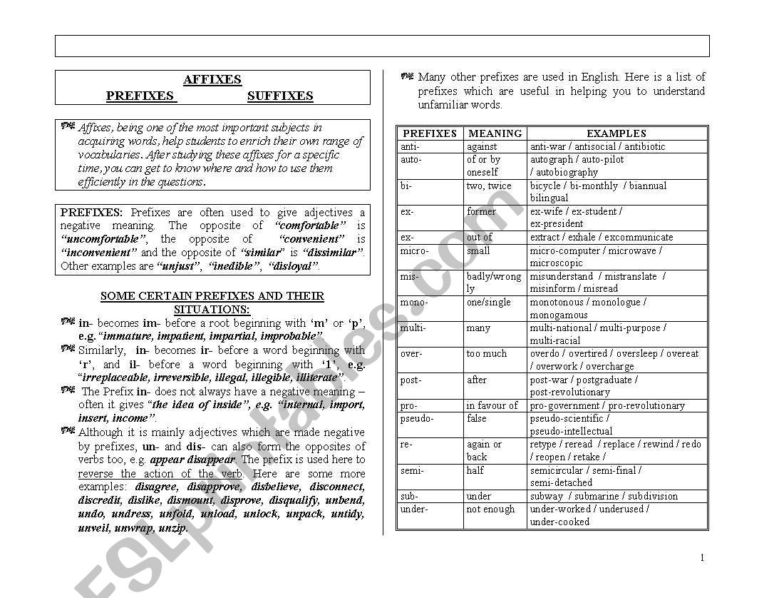 affixes worksheet
