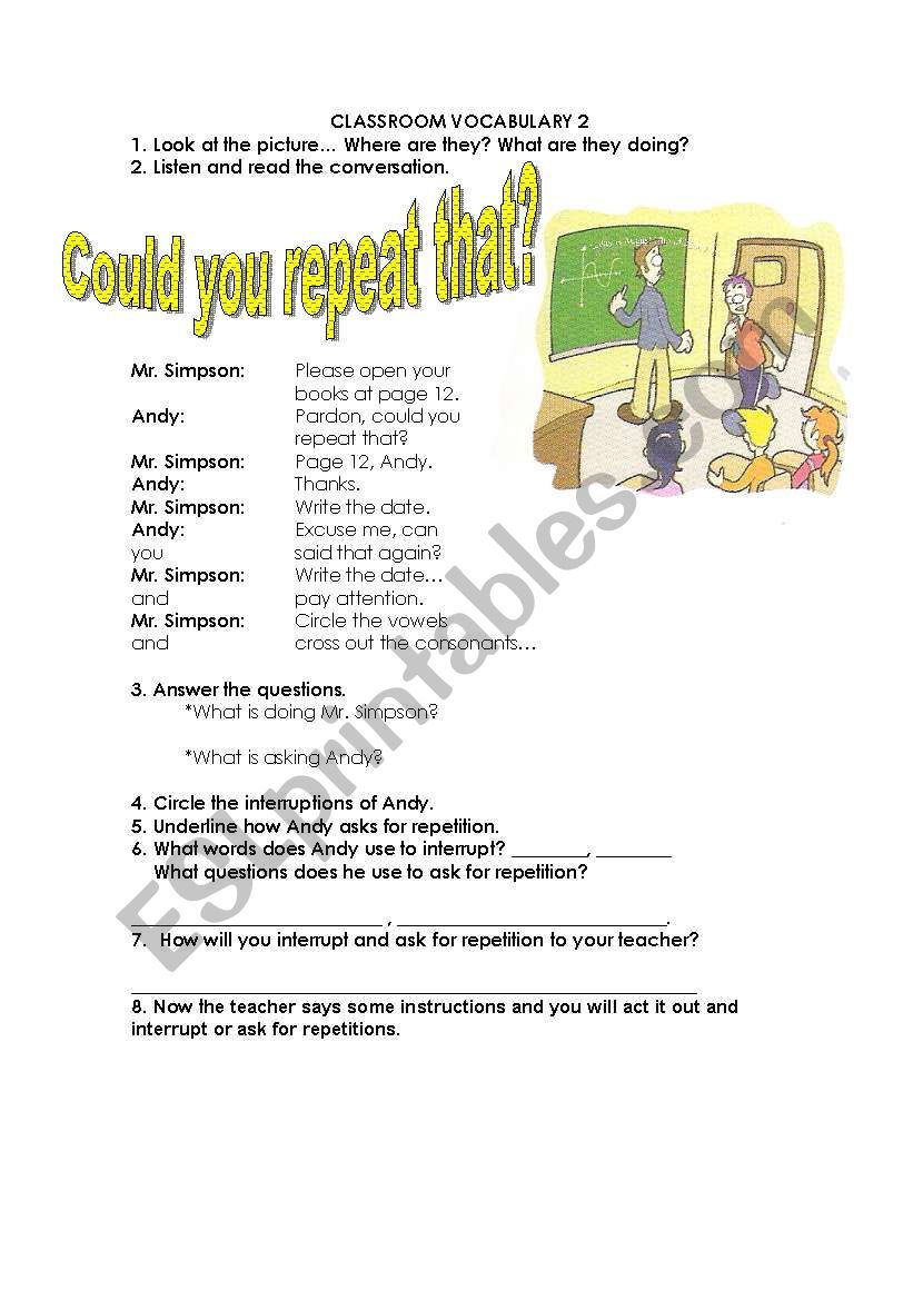 Classroom vocabulary  worksheet
