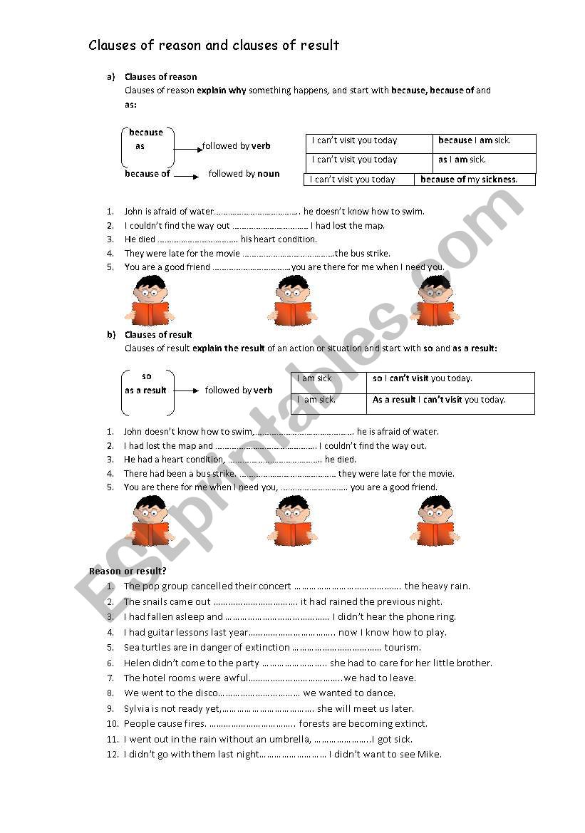 clauses of reason and result worksheet