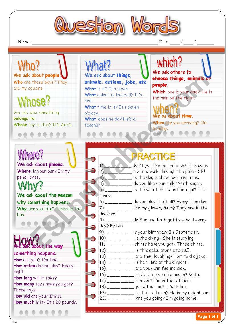 Question Words worksheet