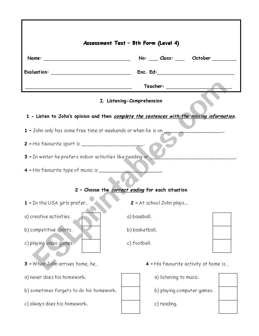 Holiday and free time worksheet