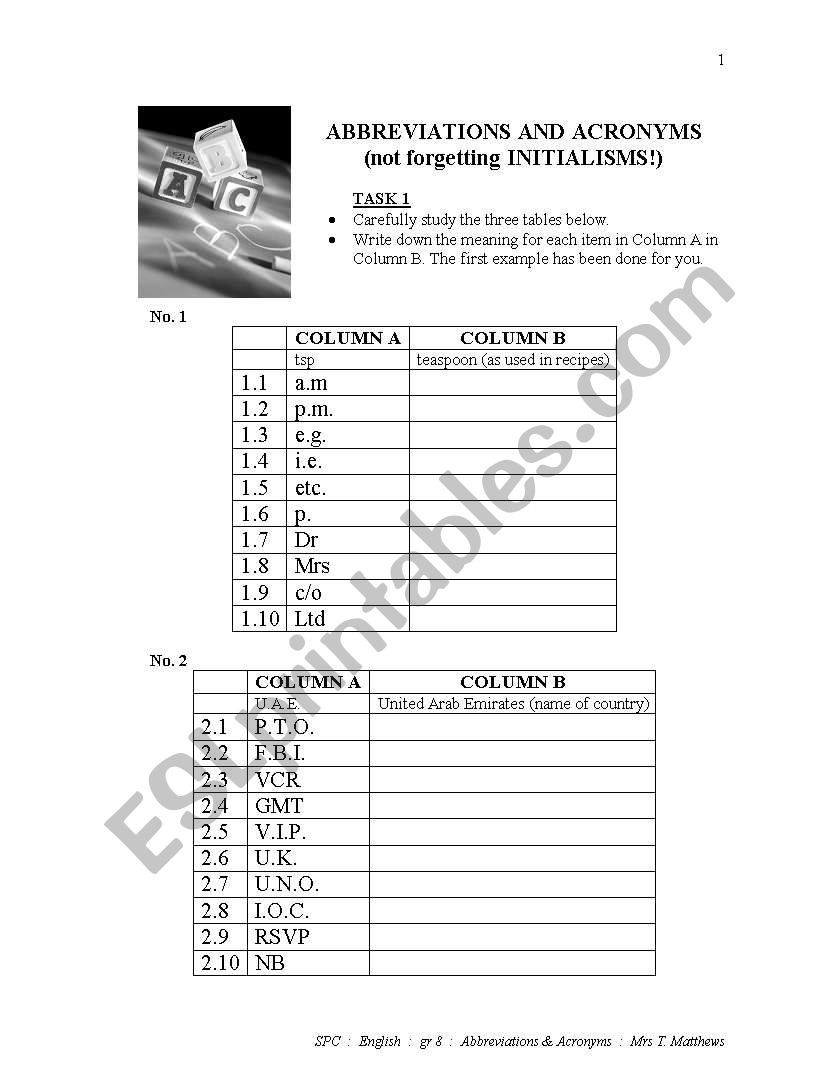 Abbreviations & Acronyms worksheet