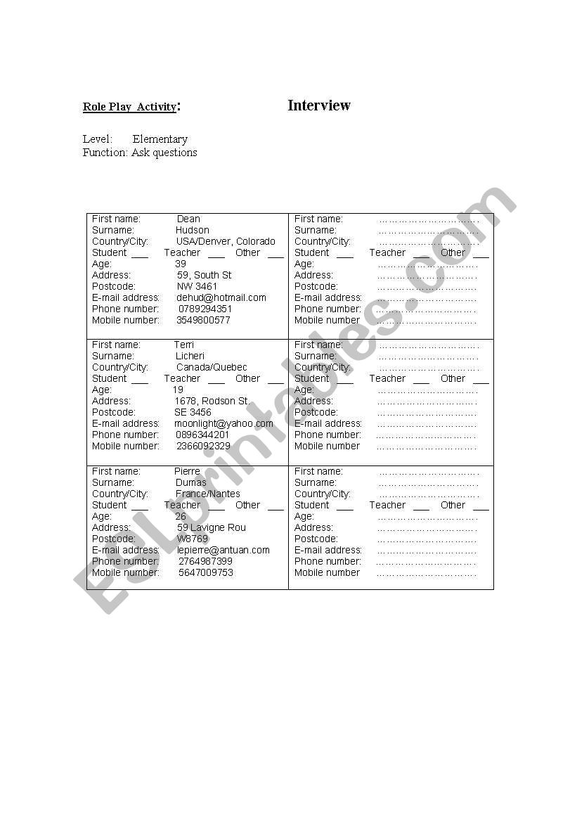 Role Play activity: Interview worksheet