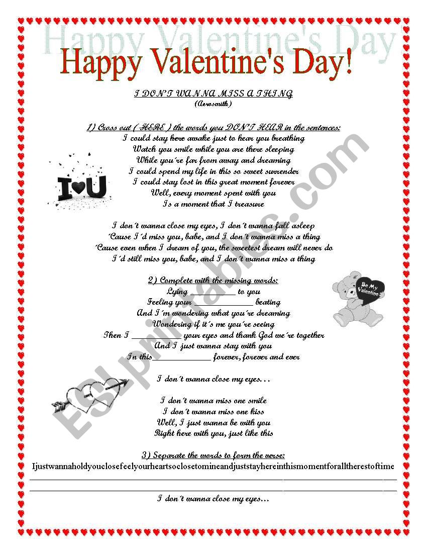 Valentines day song activity worksheet