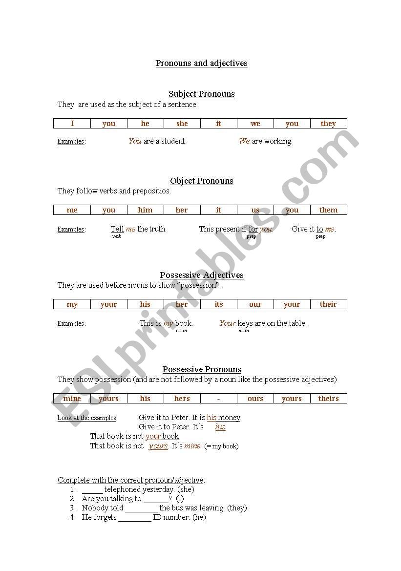 Pronouns and adjectives worksheet