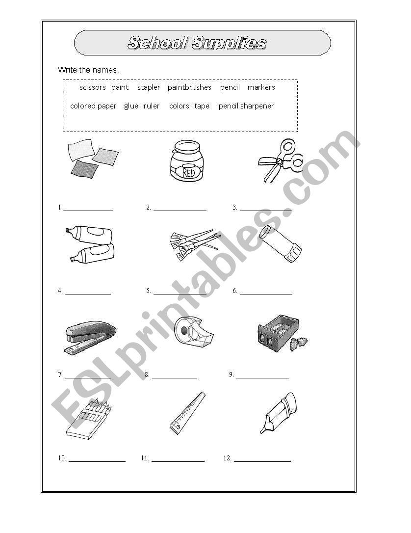 School supplies worksheet