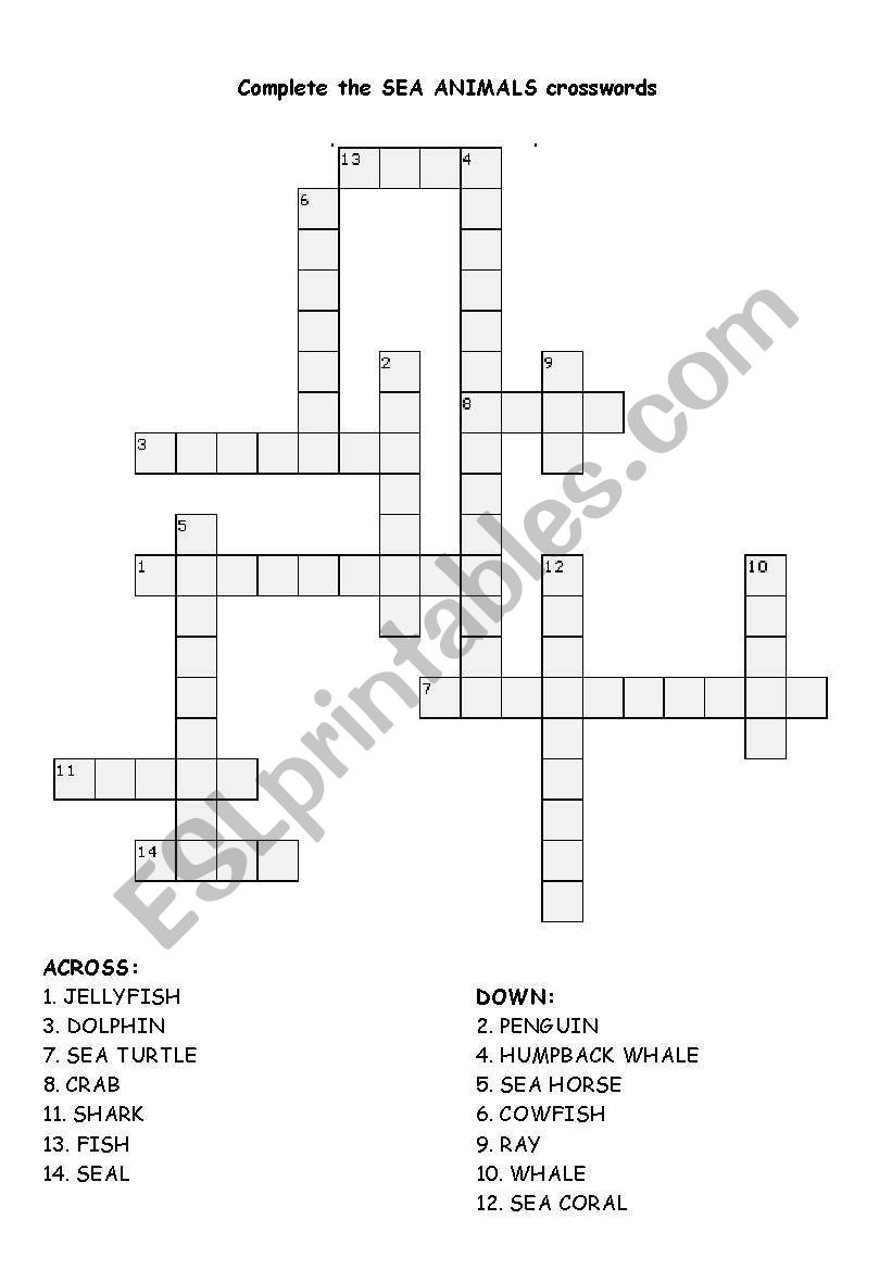 SEA ANIMALS CROSSWORDS worksheet