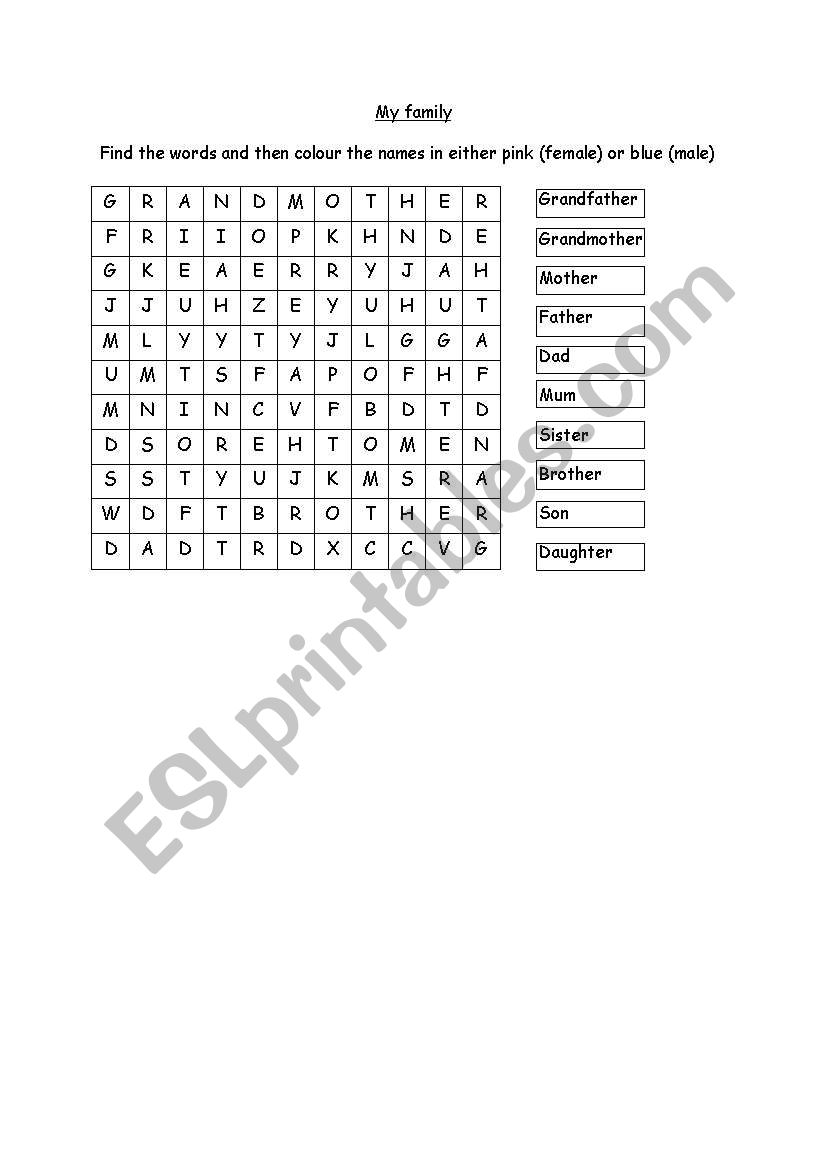 My family wordsearch worksheet