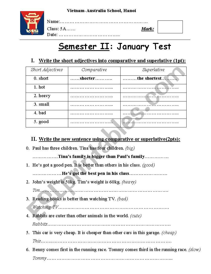 Comparative and Superlative Test