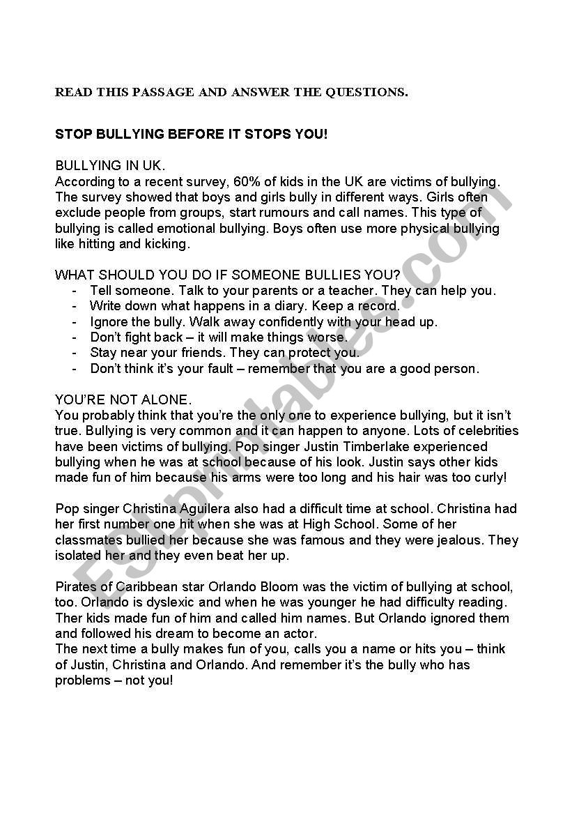 BULLYING worksheet