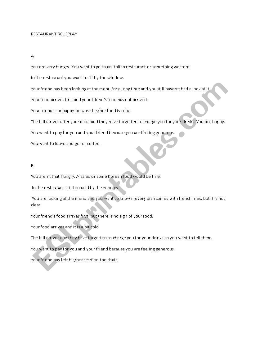 Restaurant role play worksheet