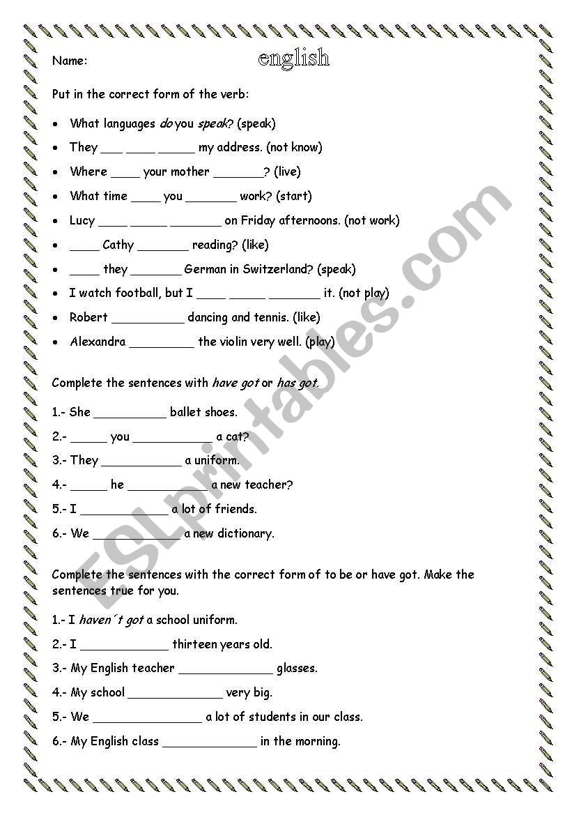 Grammar worksheet