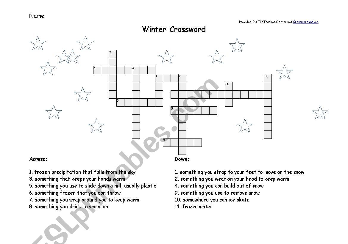 winter crossword (and key) worksheet