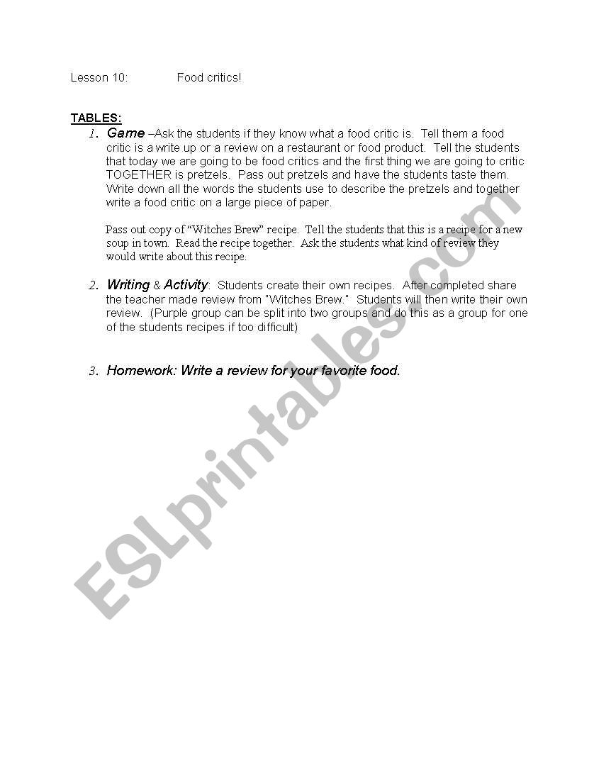Food Critic worksheet