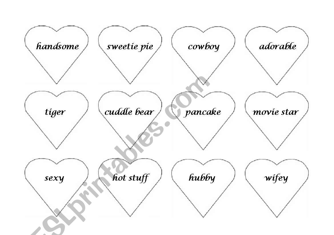 Valentines Day flaschcards: Pet names / terms of endearment for lovers