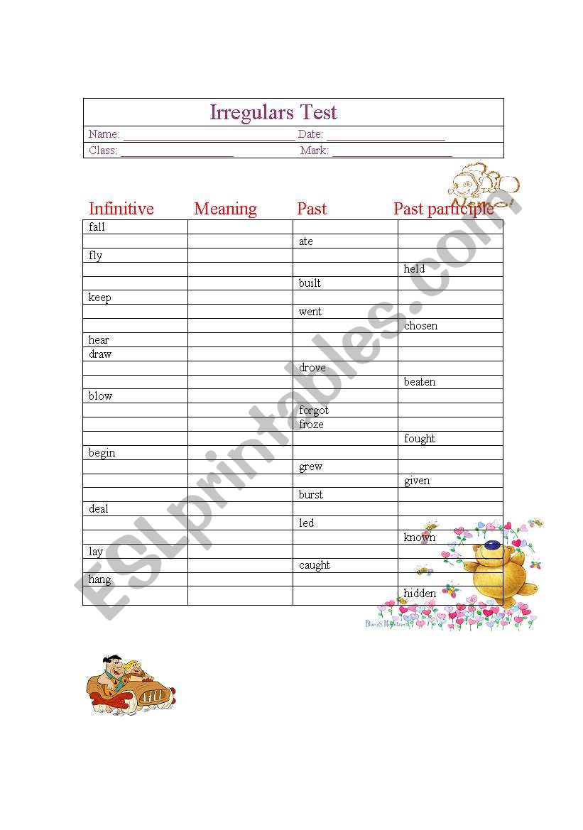 Irregulars test worksheet