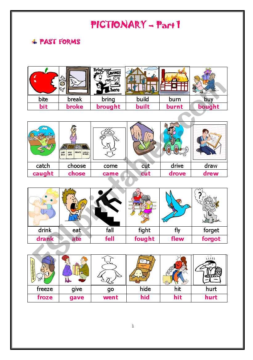 PAST FORMS OF ACTION VERBS-PICTIONARY-HAND OUTS PART 1 of 3