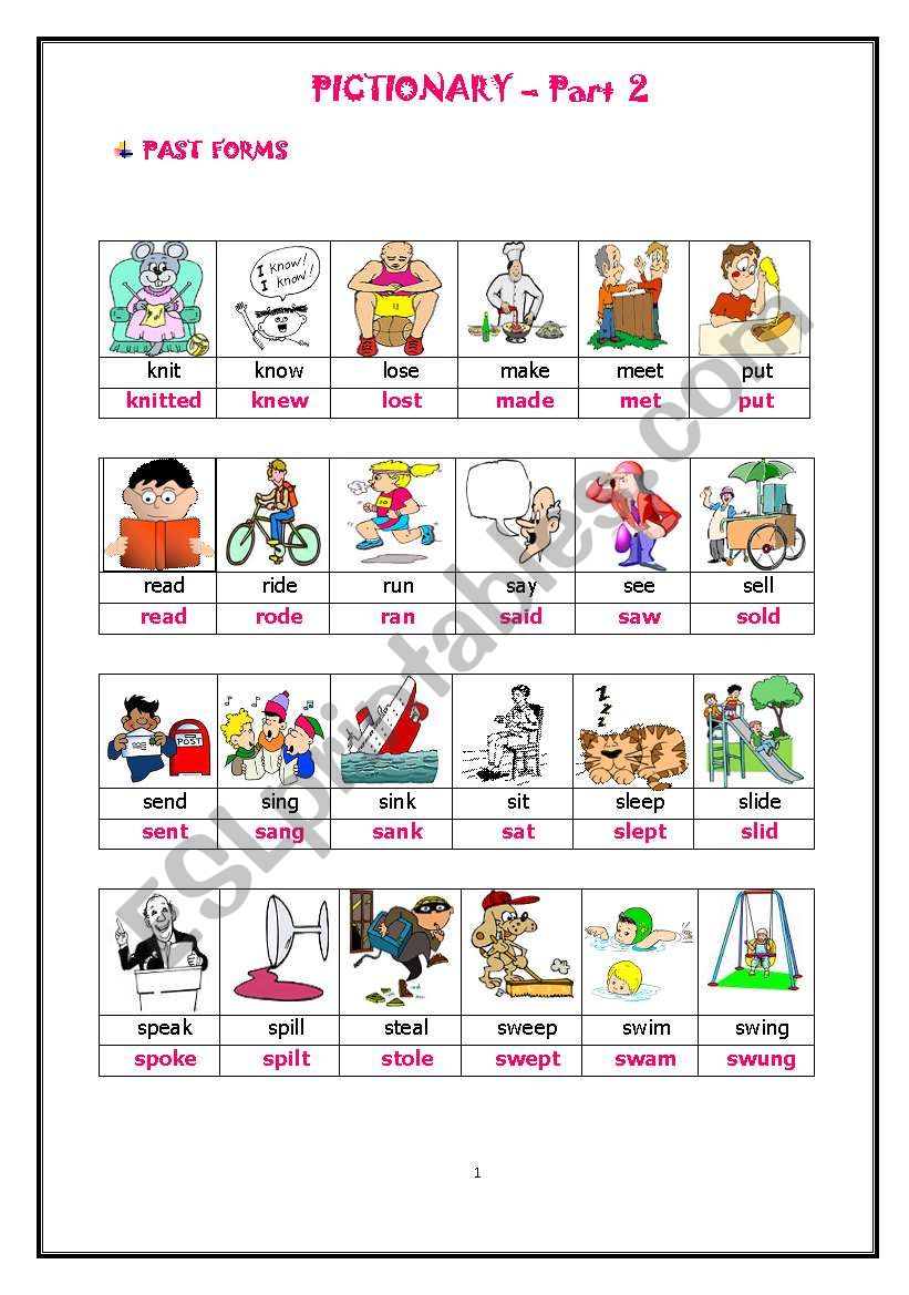 PAST FORMS OF ACTION VERBS-PICTIONARY-HAND OUTS PART 2 of 3