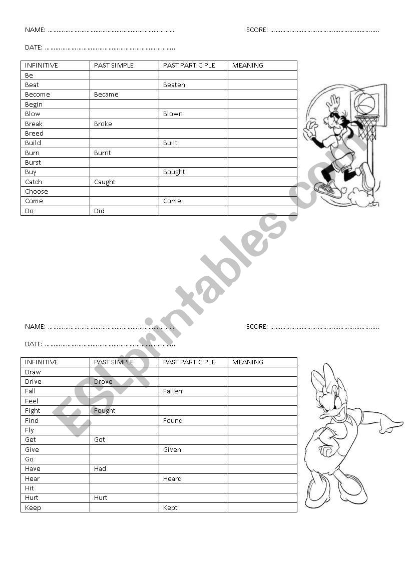 Irregular verbs test worksheet