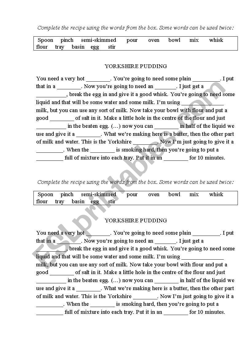 Yorkshire pudding worksheet