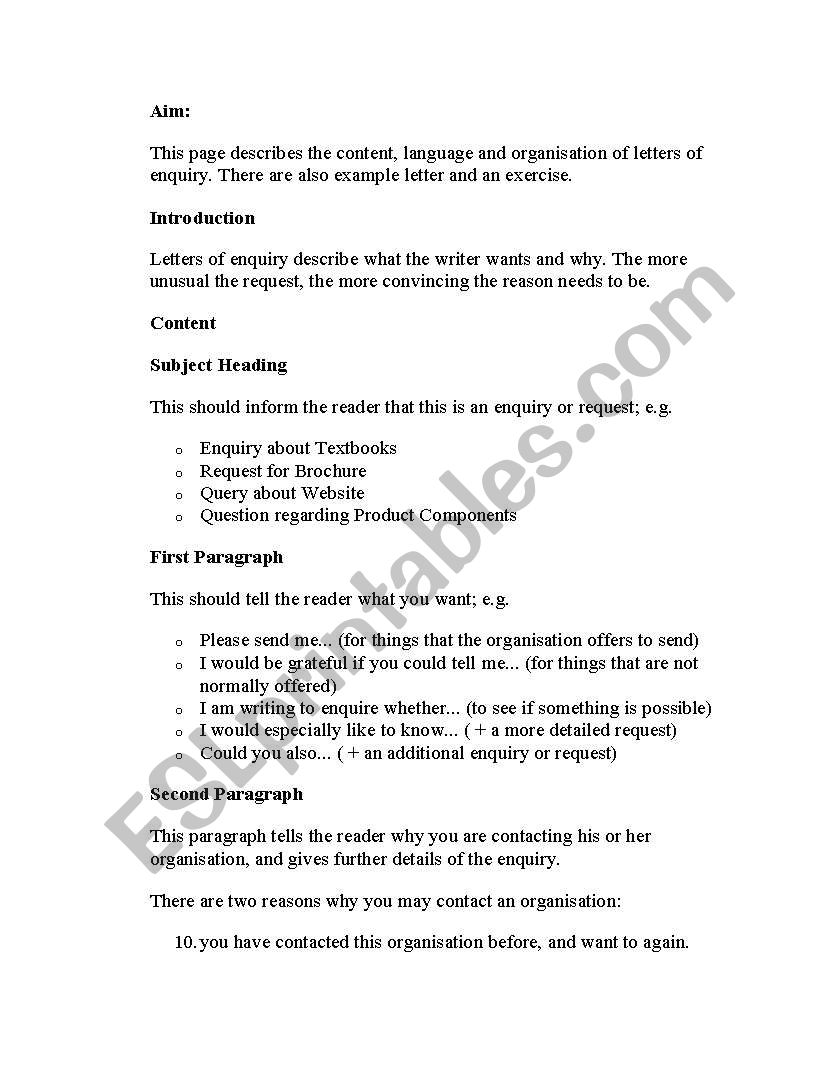 letter of enquiry worksheet