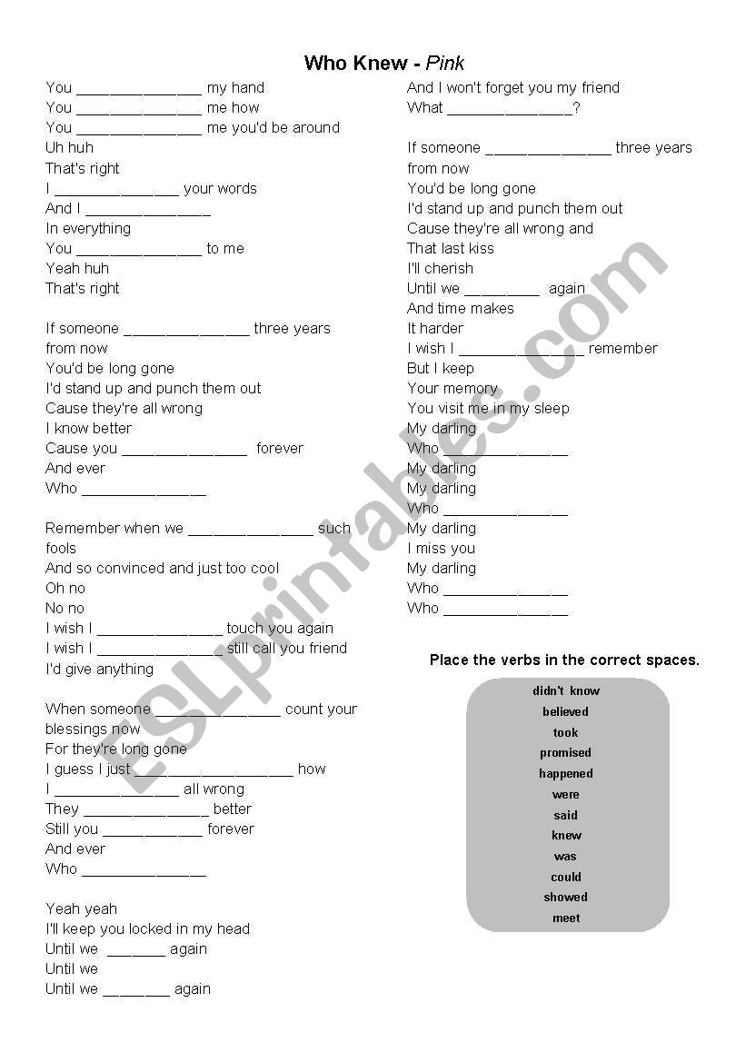SONG - Who knew - Pink worksheet