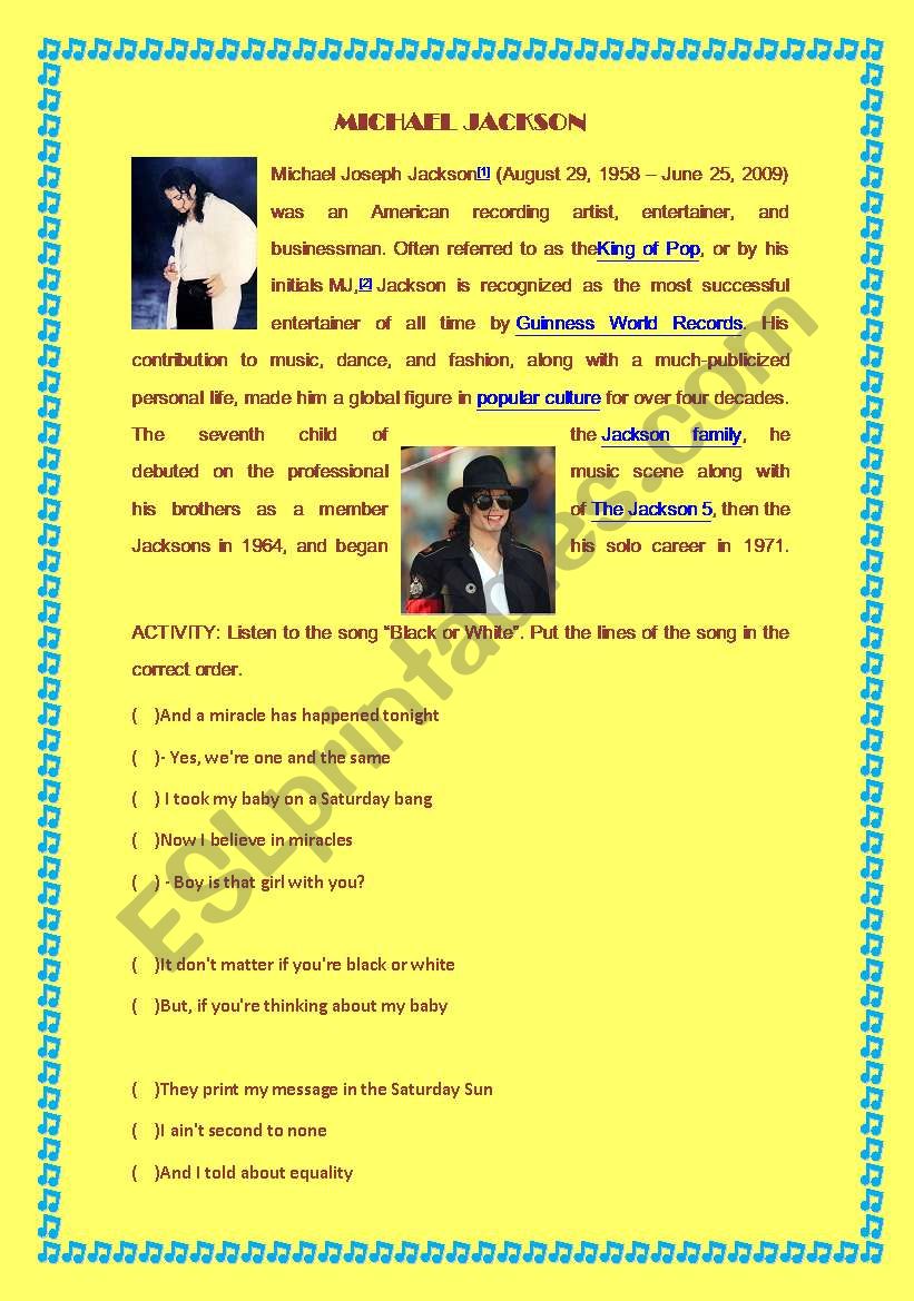 Song - Black or White - ESL worksheet by marinadomingues