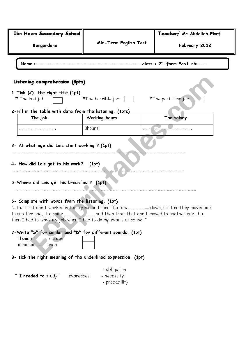 Second form Eco Test Feb 2012 worksheet