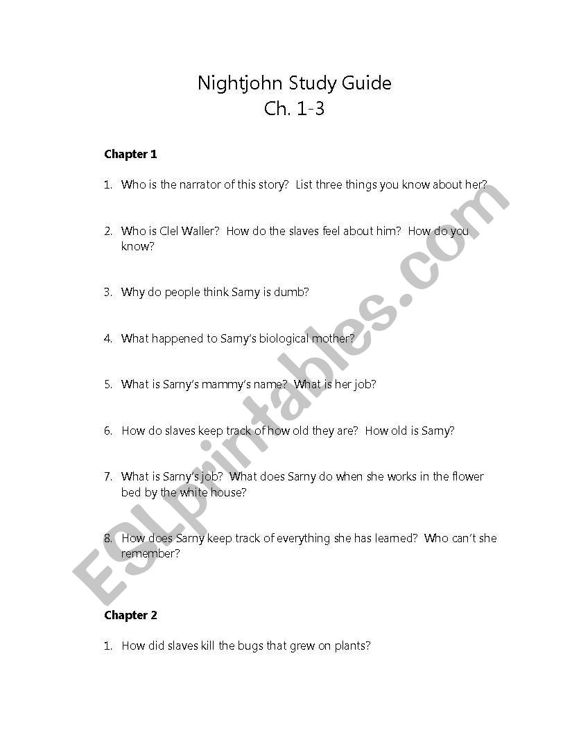 Nightjohn Chapters 1-3 worksheet