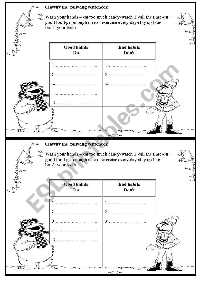 classify good and bad habits worksheet