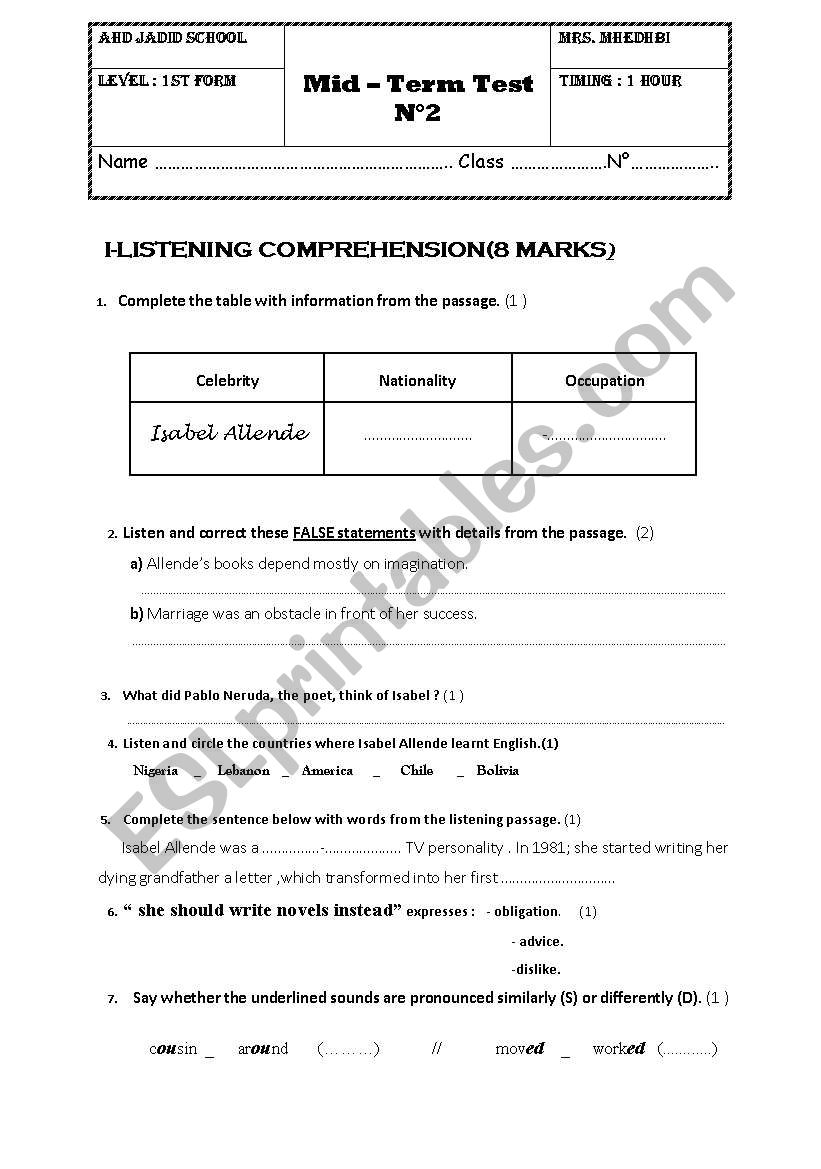 test for 1st formers worksheet