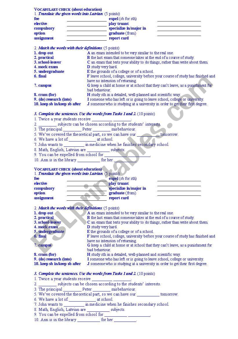 vocabulary check EDUCATION worksheet