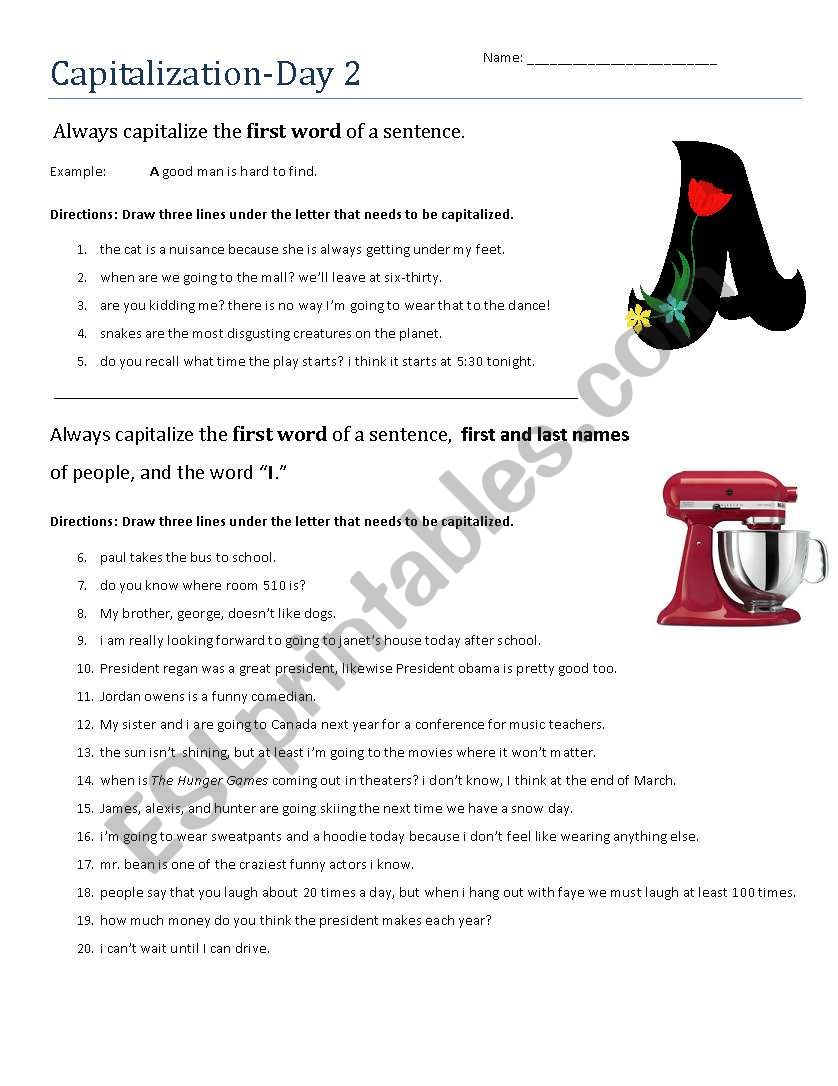 Capitalization Day 2 worksheet