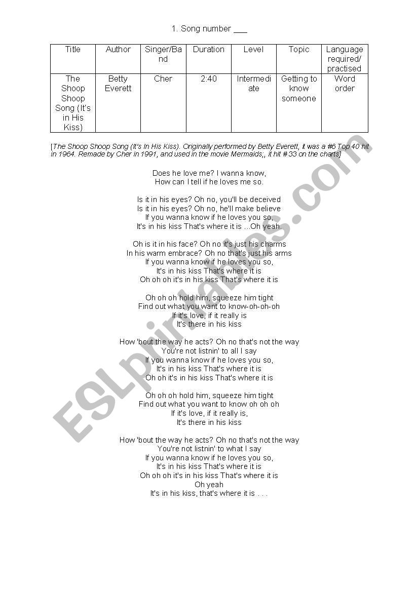 The Shoop Shoop Song worksheet