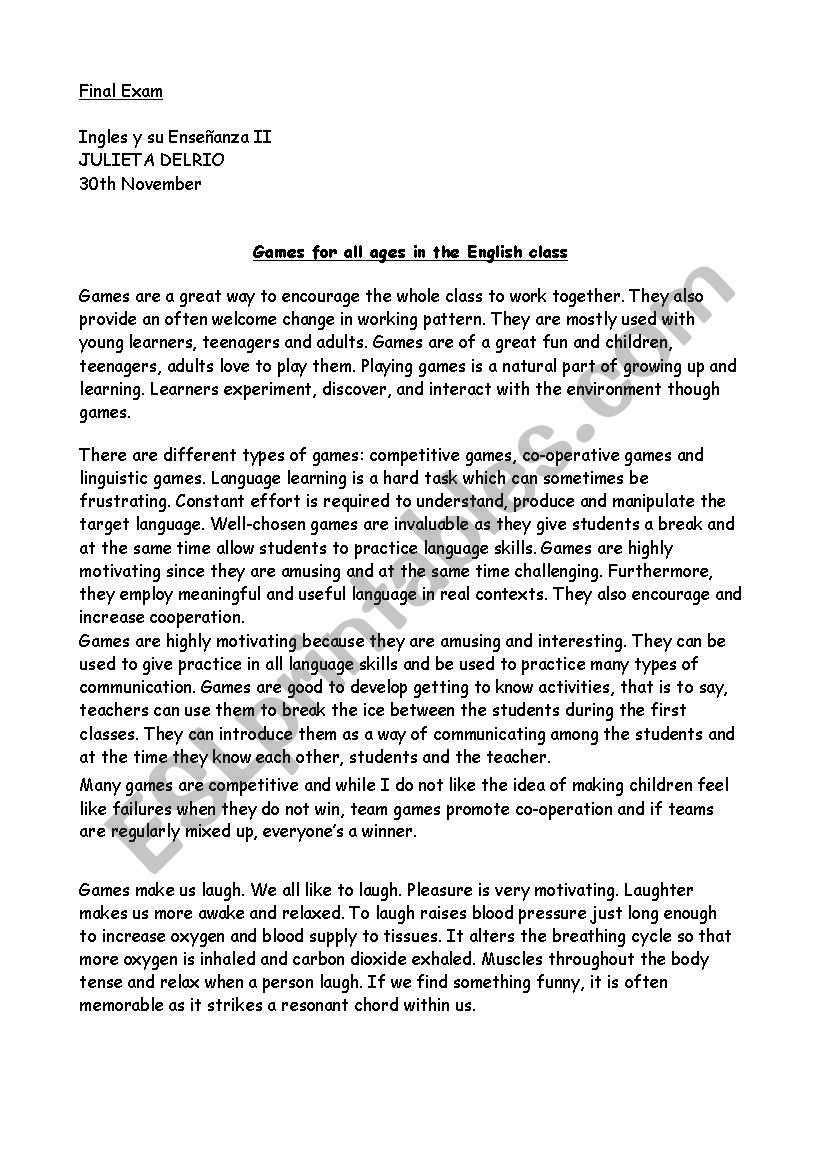 exam worksheet
