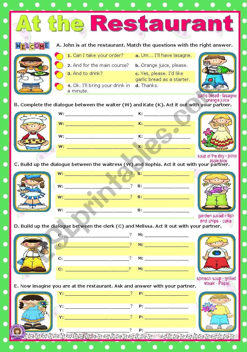 Restaurant exercises. At the Restaurant for Kids. At the Restaurant задания. Ресторан Worksheet. Диалог at the Restaurant.