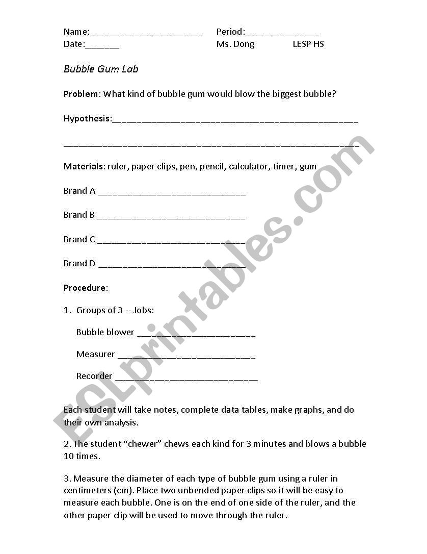 Bubble Gum Lab worksheet