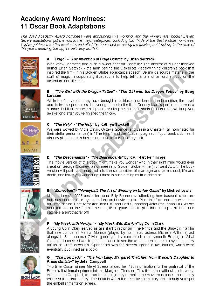 OSCARS 2012 BOOK ADAPTATIONS worksheet