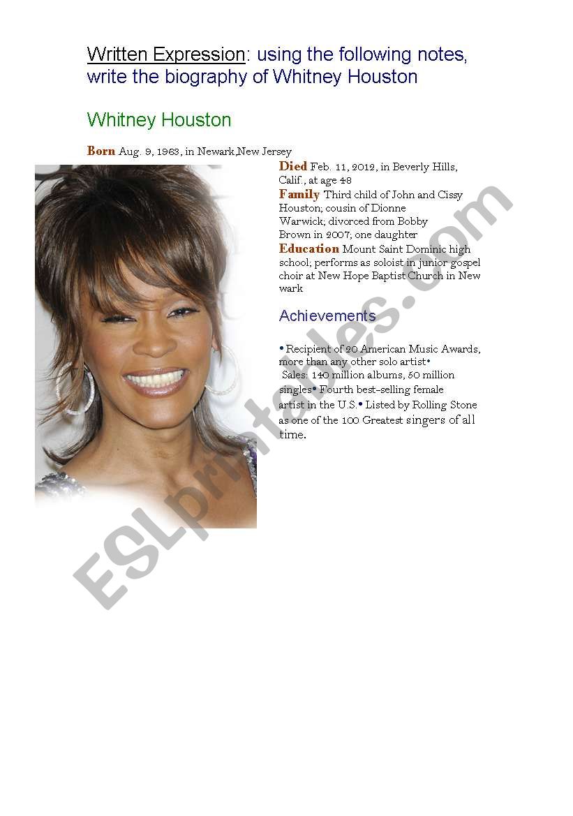 WHITNEY HOUSTON worksheet