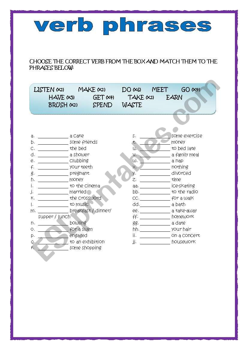 Verbs Phrases Worksheets