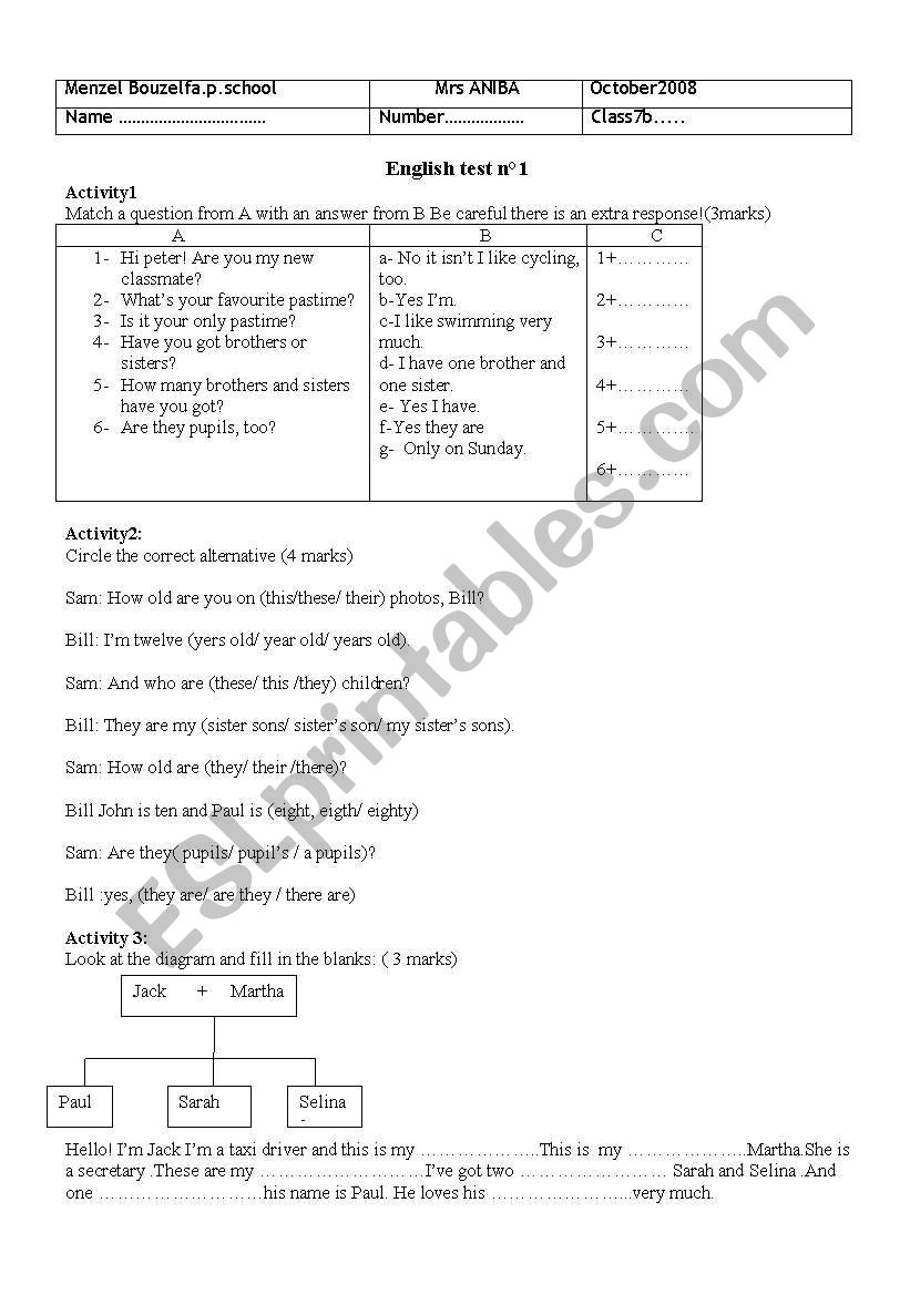 test for 7th formers n2 tunisian pupils