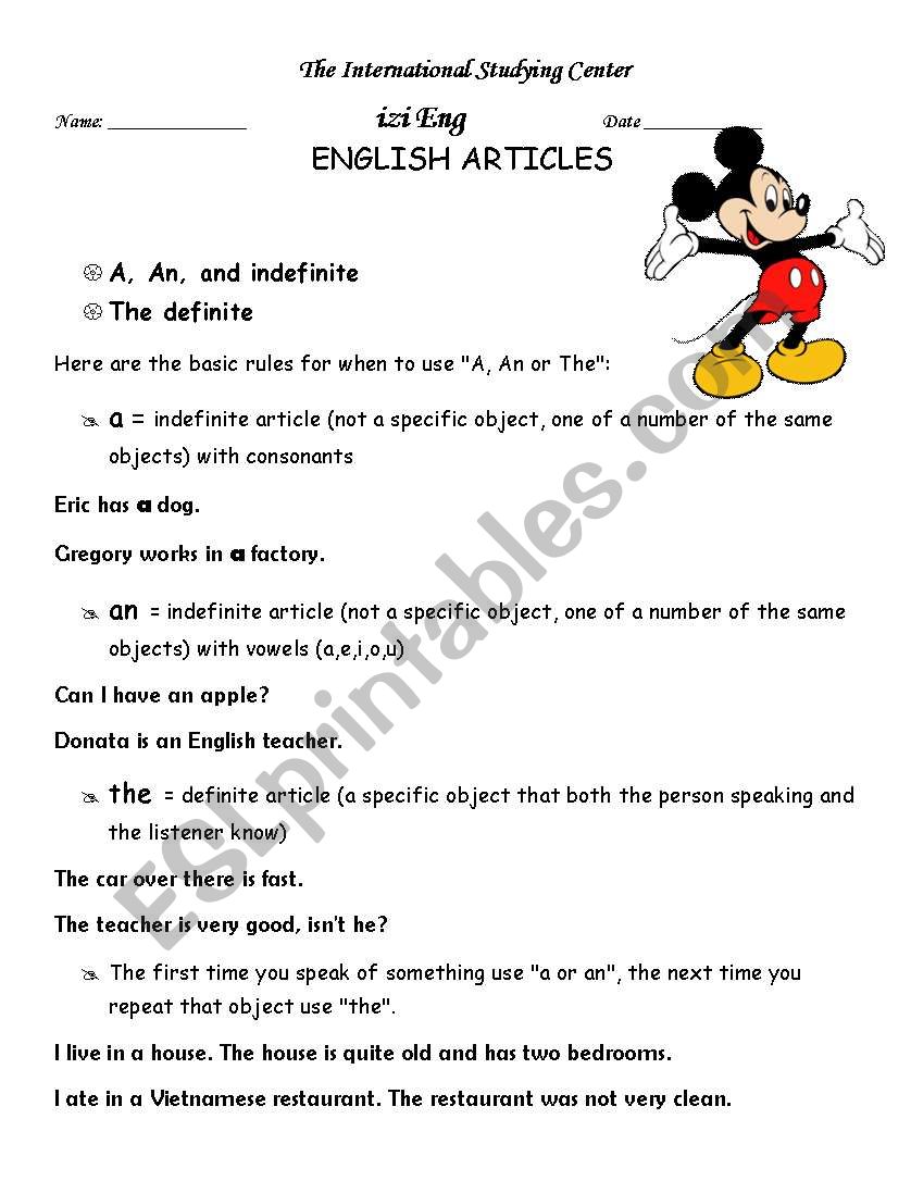 English articles worksheet
