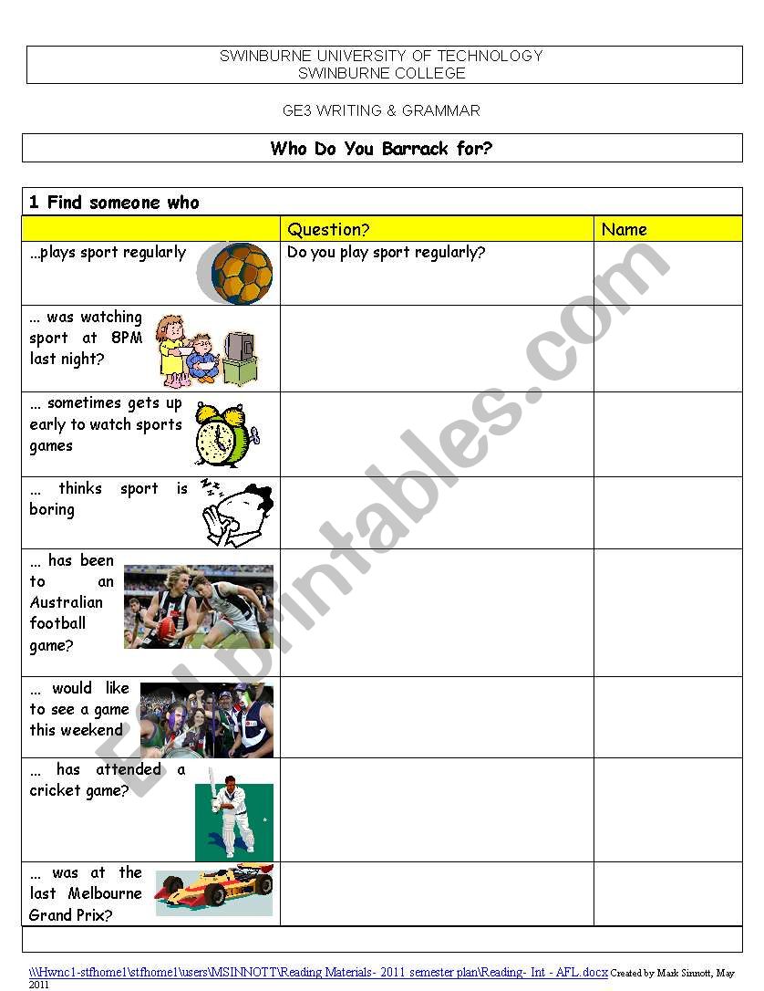 Australian Football League (AFL) reading activity