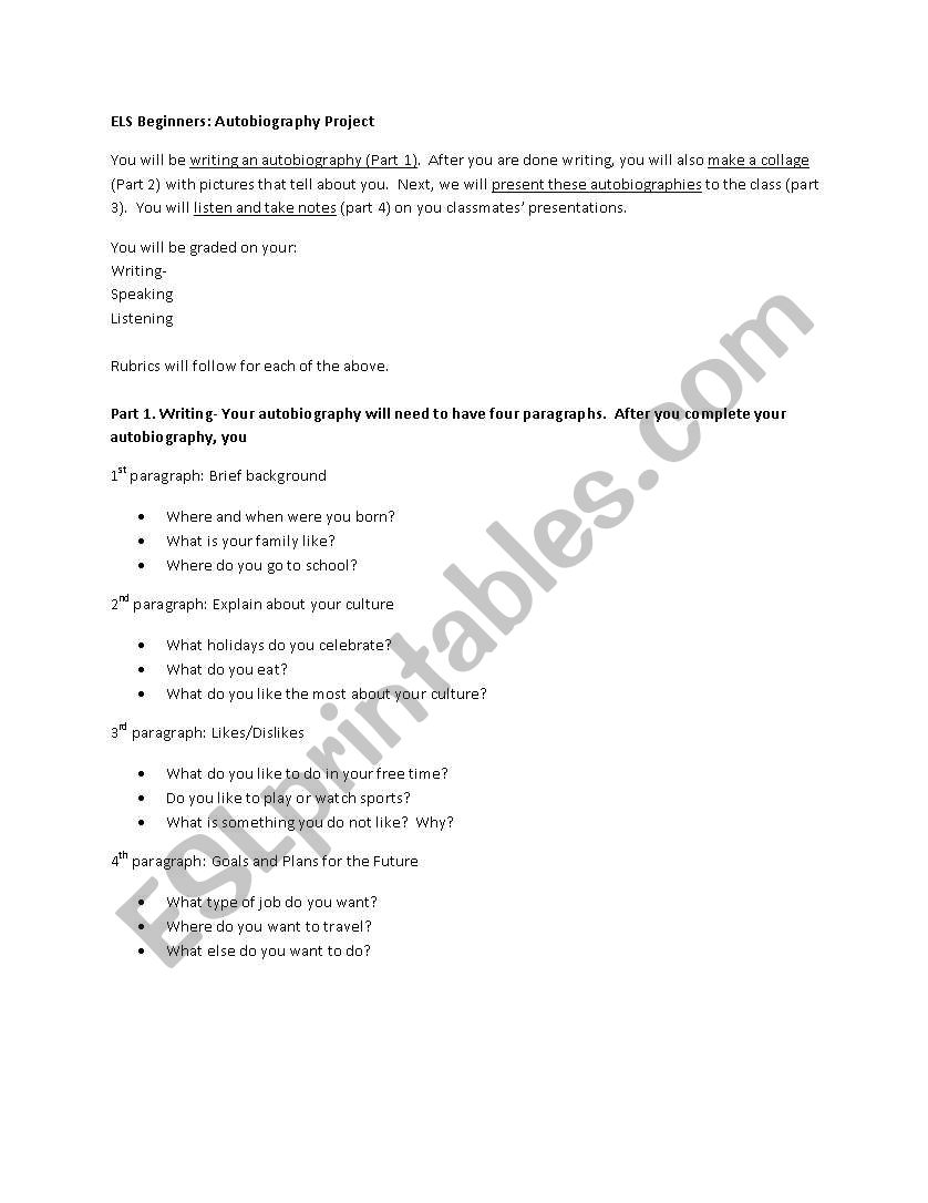 Biography Project worksheet