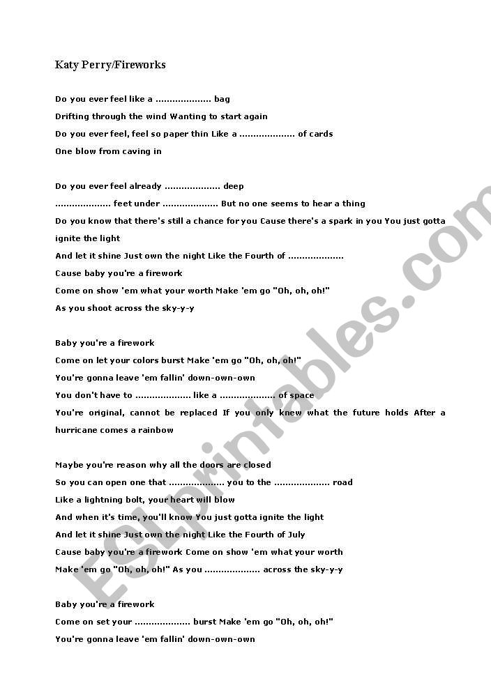 Katy Perry Fireworks Song Worksheet