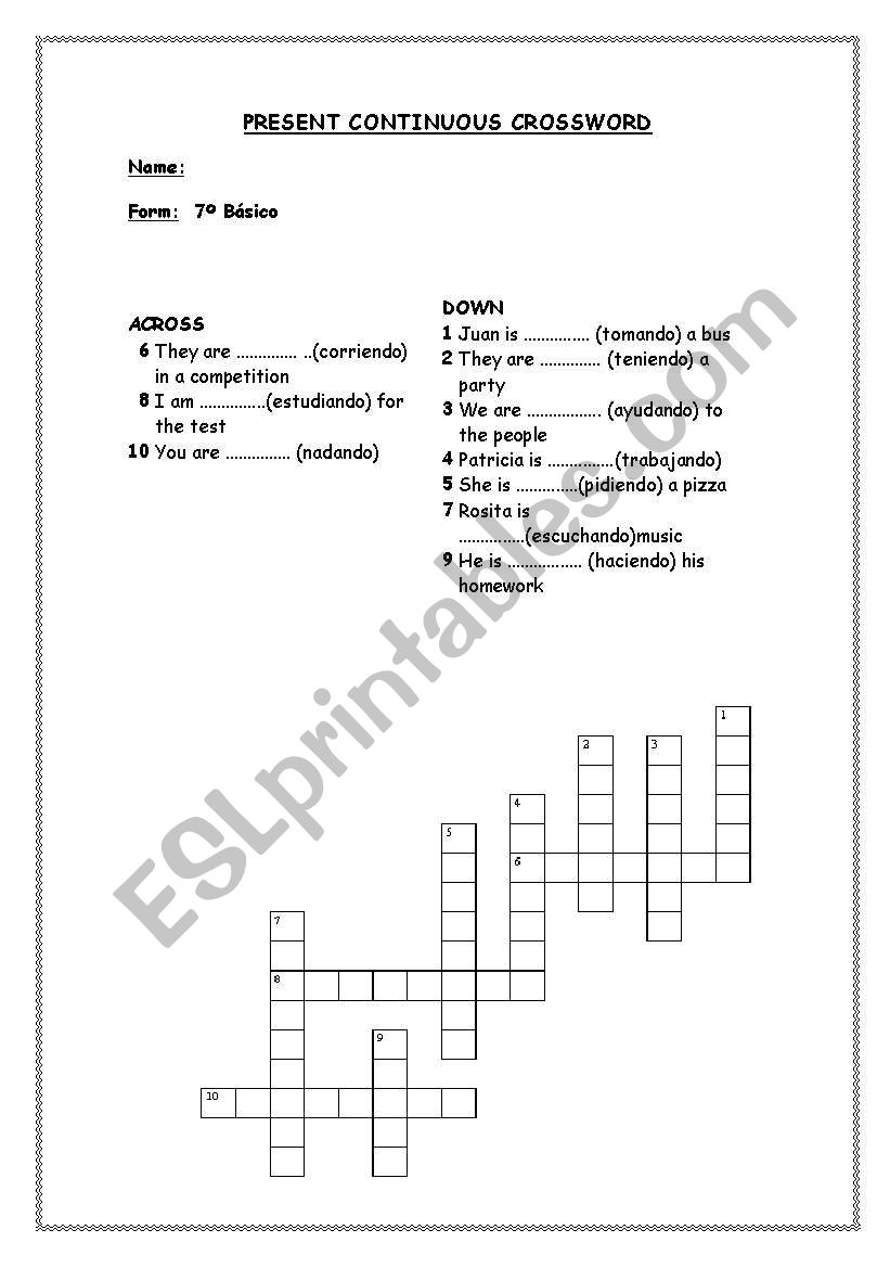 Present continuous crossword worksheet